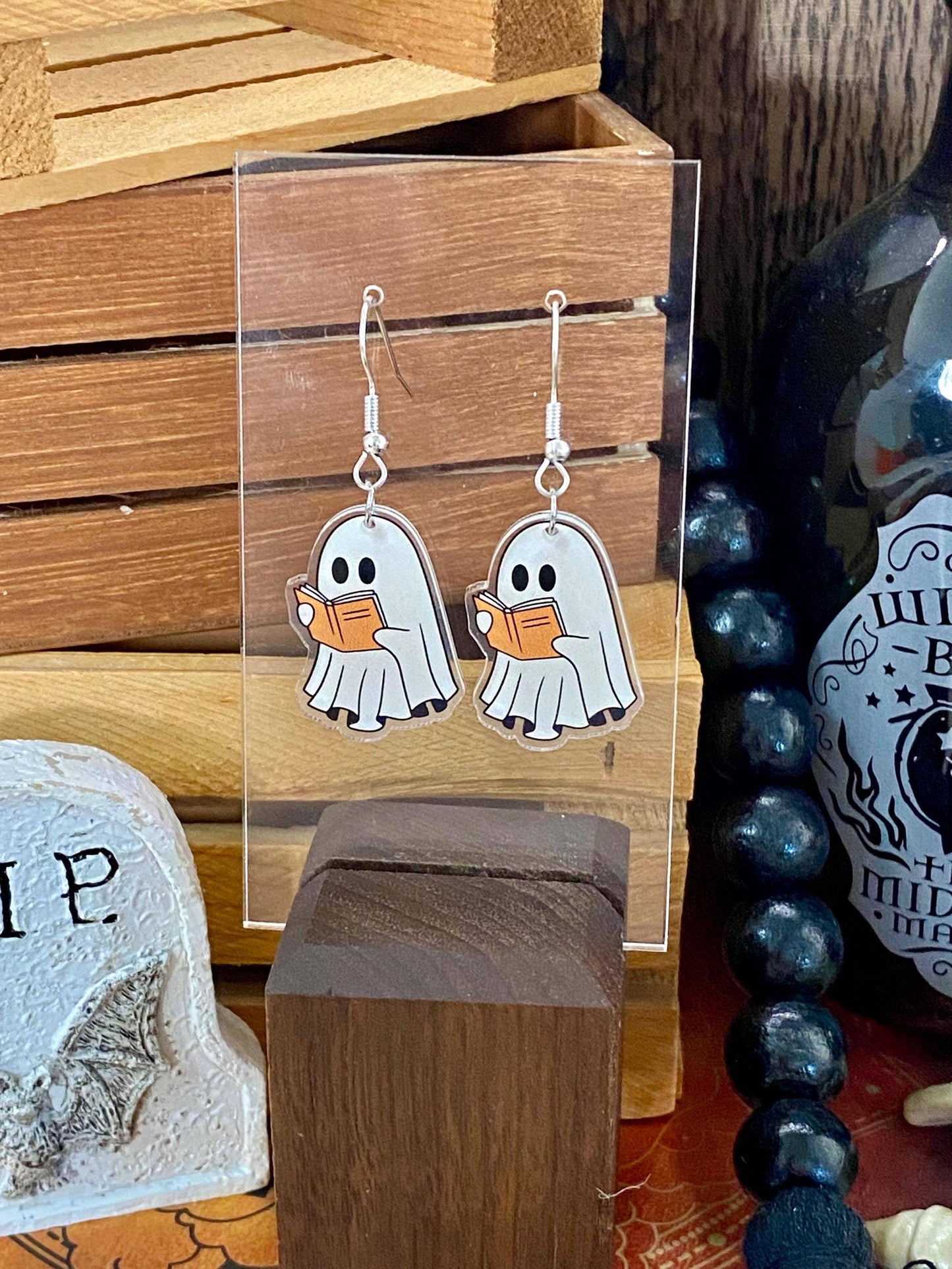 Ghost and Book Themed Halloween Reading Earrings