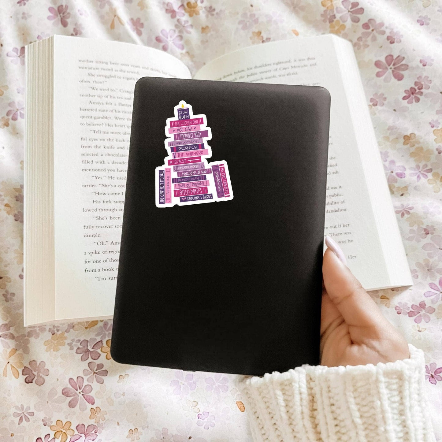 Romantasy Tropes Book Stack Sticker