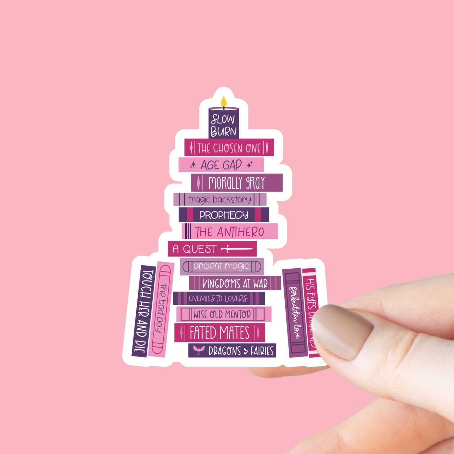Romantasy Tropes Book Stack Sticker