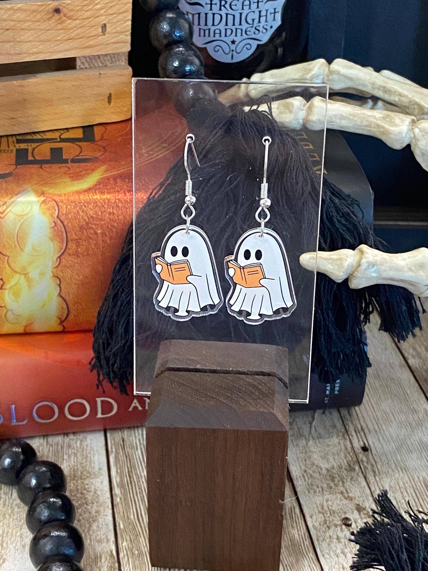 Ghost and Book Themed Halloween Reading Earrings